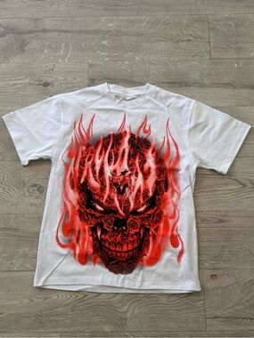 White Short Sleeve Tee with Red Flaming Skull Graphic